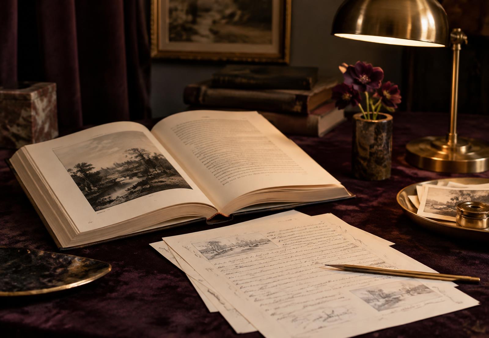 An open book and annotated manuscript pages beneath a brass reading lamp